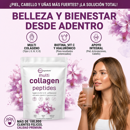 Multi Collagen Peptides  – Colágeno Hidrolizado en Polvo Tipo I, II, III, V y X con Glucosamina, Biotina, Condroitina y Cartílago de Tiburón, para Piel, Articulaciones y Huesos, 100% Puro y Natural